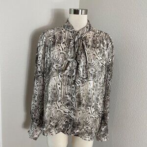 Joie Womens Large Snake‎ Print Metallic Blouse Neck Tie Long Sleeve Shirt Top